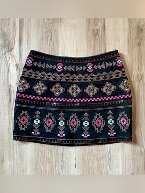 Mi Ami Embroidered Black Mini Skirt with Pink & Turquoise Accents